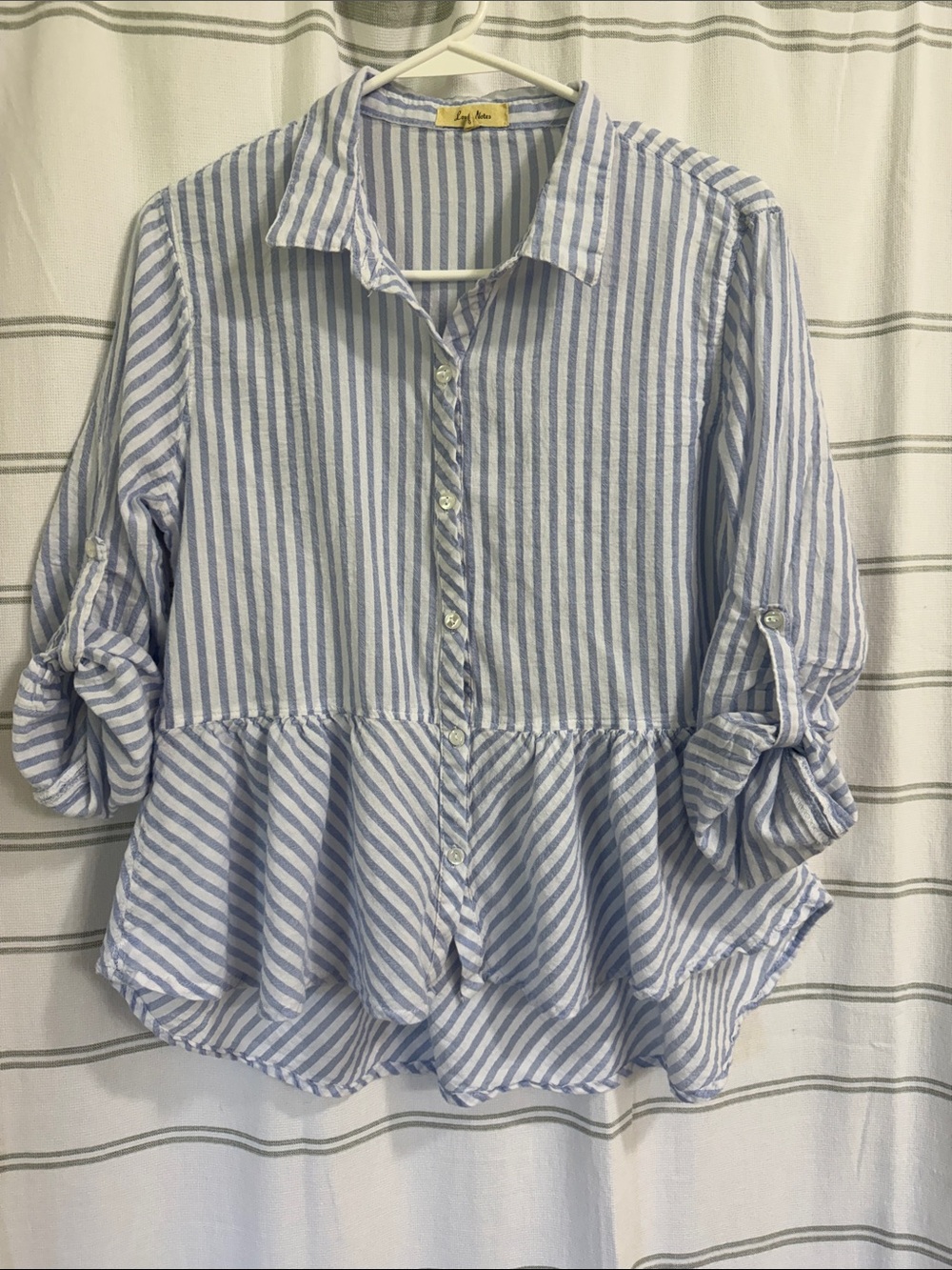 Love Notes Blue and White Striped Peplum Button-Down Shirt